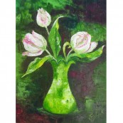 Parrot Tulips in Green Glass Vase Thumbnail